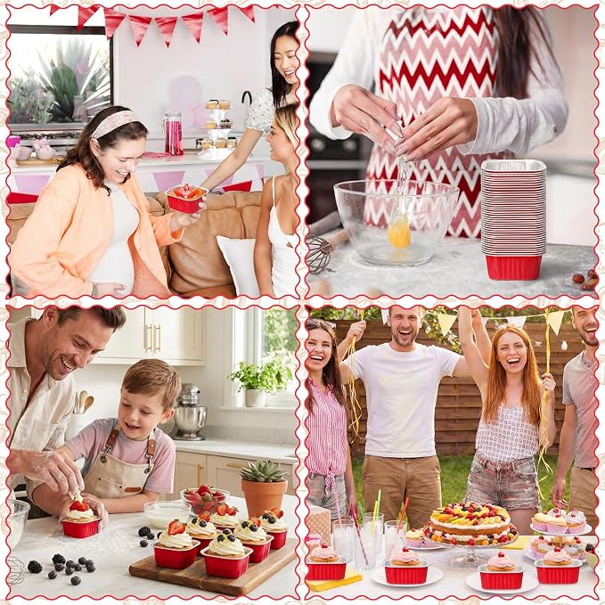 200 Pack 5 oz Mini Cake Pans with Lid, Aluminum Foil Mini Baking Tins, Square Disposable Cupcake Baking Cup Dessert Container for Wedding Birthday Party Picnic(Red,Classic)
