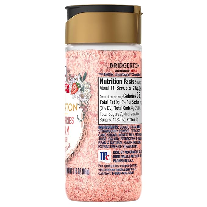 McCormick Bridgerton Finishing Sugar, Strawberries & Cream, Limited Edition, Sweet Strawberry Flavor Infusion, For Desserts, Cocktails, Breakfasts, and More, 3.16 oz