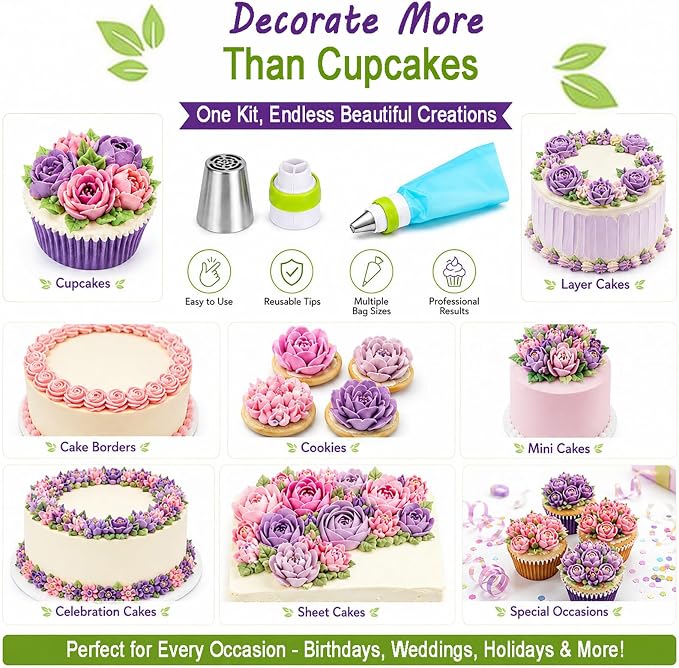 Stainless Steel Russian Piping Tips Set, Extra Large Flower Icing Nozzles, Cupcake Frosting Supplies with Leaf Tips, Couplers, Disposable Pastry Bags, Reusable Piping Bag (Silver,8 PCS)
