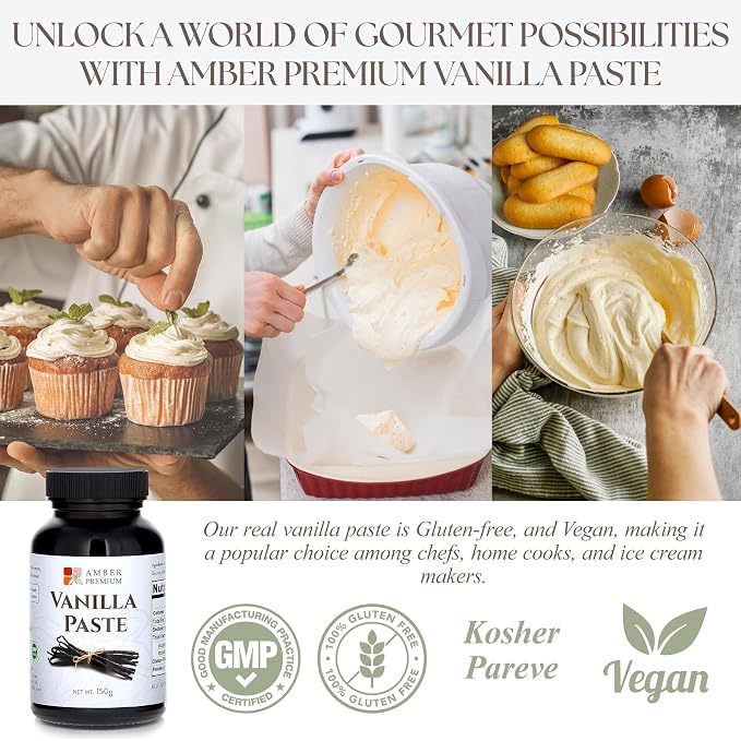 Amber Premium Pure Vanilla Bean Paste 150g / 4 fl oz (US) - Made with Authentic Madagascar Vanilla Extract - Vegan, Kosher, Chef Recommended for Baking, Desserts, and Pastries