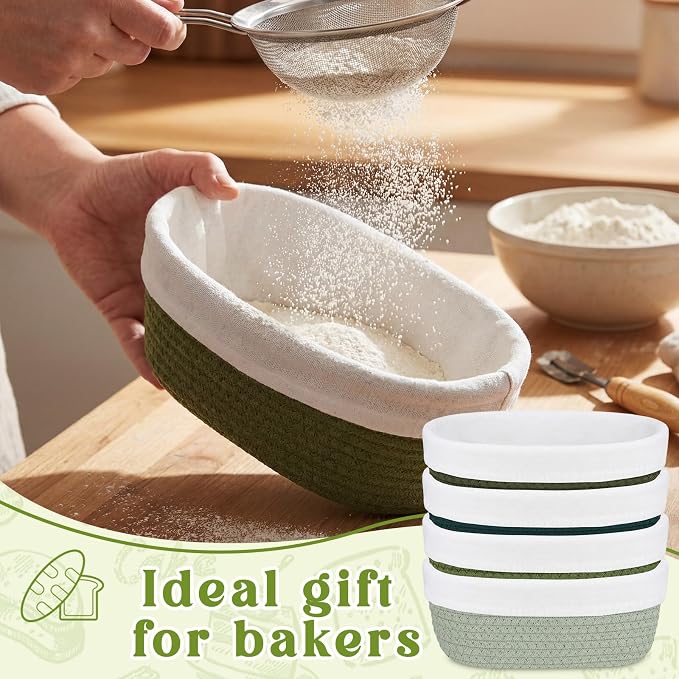 4 Pcs 10 Inch Cotton Rope Banneton Bread Proofing Basket Set Oval Banneton Basket Sourdough Bread with Liners Covers for Baking Supplies (Green Tones)