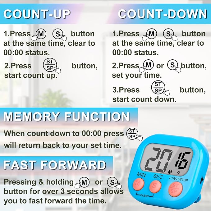 ZILLEEN Classroom Timer for Kids Teachers 6 Pack Digital Timers, Blue & White