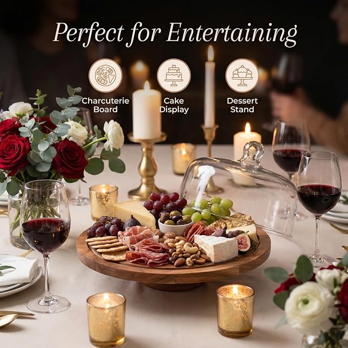 Cake Stand with Clear Dome Lid – 12 Inch Acacia Wood 2-in-1 Reversible Cake Stand & Charcuterie Board – Cake Keeper with Cover for Kitchen, Party & Home Decor