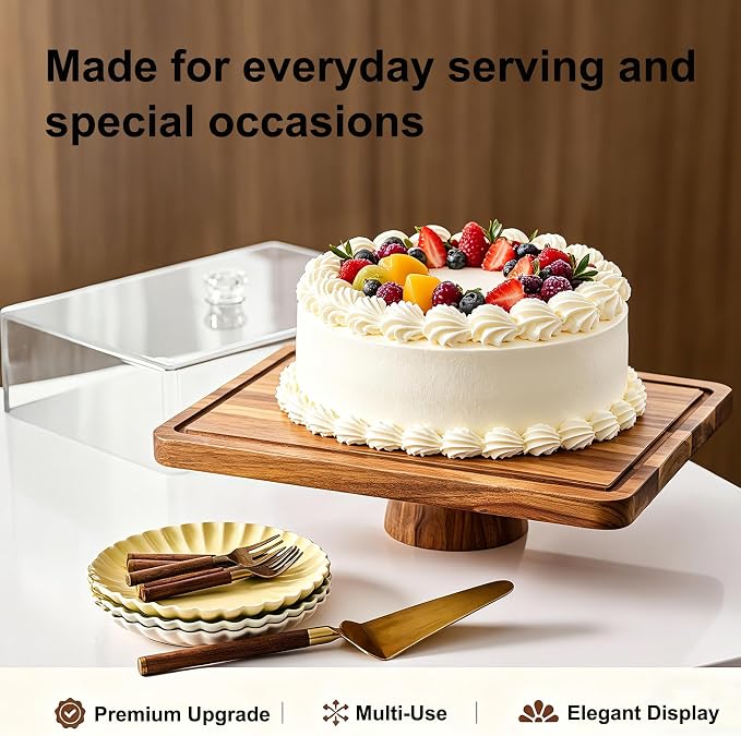 17" Rectangular Acacia Wood Cake Stand with Lid, 2-in-1 Multi-Functional Dessert Display Tray & Charcuterie Board for Cheese/Veggie/Chips & Dip, Birthday/Weddings/Party