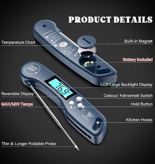 DOQAUS Digital Meat Thermometer, Instant Read Food Thermometer for Cooking with Backlit & Auto-Rotating Display, 4.6” Probe for Grilling, Baking, and Perfect BBQ - Blue