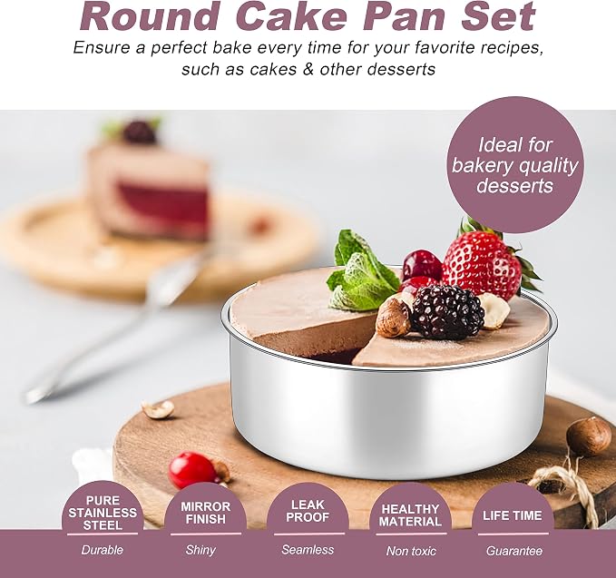 Herogo Cake Pans Set of 2, 6'' x 3'' Stainless Steel Deep Round Baking Pans, for Layer Birthday Wedding Christmas Cakes, Deep Side & One-piece Construction, Oven & Dishwasher Safe