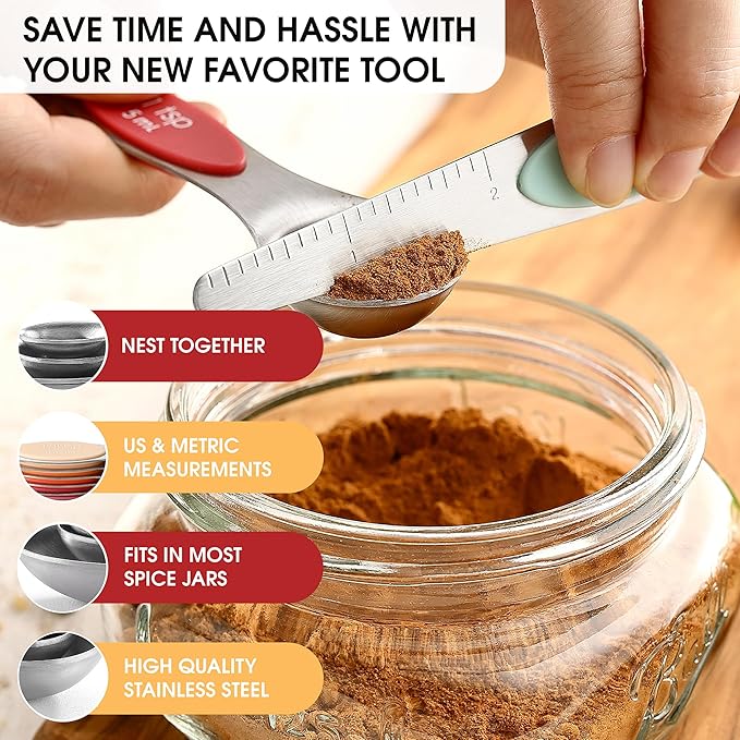Spring Chef Stainless Steel Magnetic Measuring Cups, Set of 7 & Heavy Duty Magnetic Measuring Spoons, Set of 8 with Leveler - 2 Product Bundle - Desert Sunset