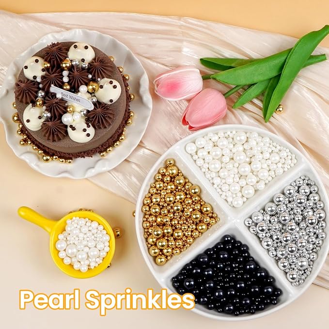 Edible Pearl Sprinkles for Cake Decorating, 160g/5.64oz, Mix 4 Colors Gold White Silver and Black Pearls Sprinkles for Cupcake, Cookies, Baking Cake Decorations, Holiday, Wedding Party Supplies
