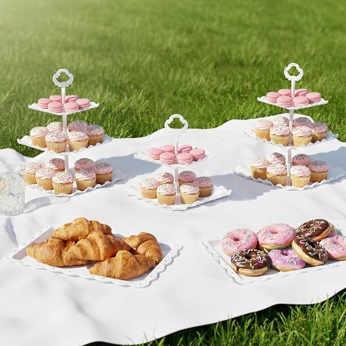 NWK 5 Piece Cake Stand Set with 2 x 3-Tier Cupcake Stands, 1 x2-Tier Cupcake Stands, 2 x Appetizer Trays, for Wedding Birthday Baby Shower Tea Party Decorations (5, White, Square)