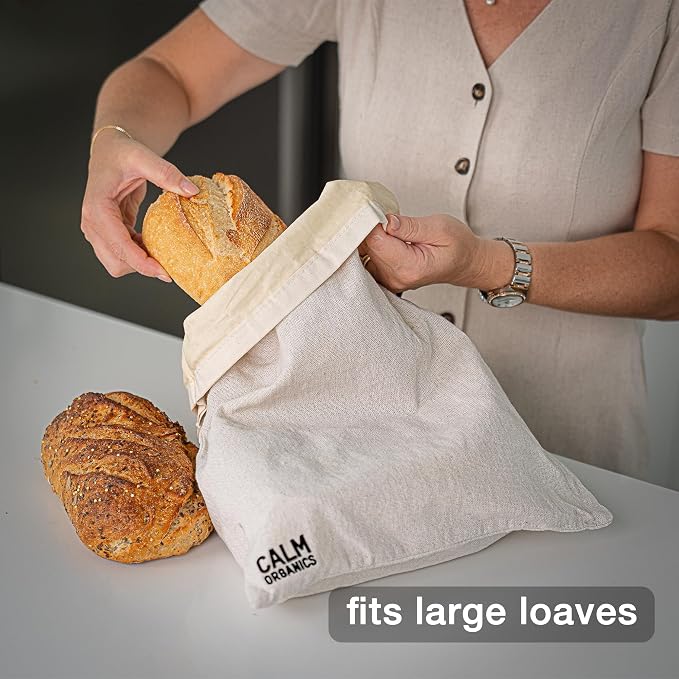 Reusable Linen Bread Bag with Beeswax Lining | Plastic-Free Food Storage for Sourdough, Baguette, Artisan Loaves | Eco Friendly | Zero Waste Kitchen Bag | Calm Organics