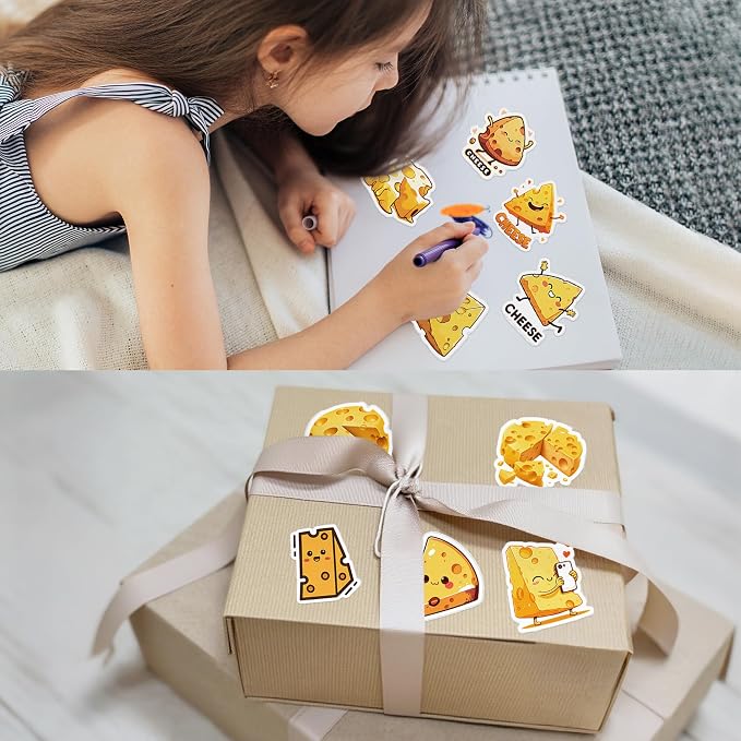 50 Pcs Cheese Stickers for Scrapbooking, Waterproof Vinyl Cute Kawaii Food Stickers for Laptops Water Bottles Journals, Fun Cheese Slice Decals for Kids Teens Adults