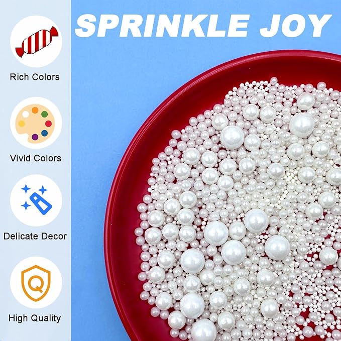 Sprinkles for Cake Decorating, 11Oz White Pearl Sprinkles 6 Sizes Mix for Cake Cupcake Ice Cream Donuts Cookie Baking Toppings