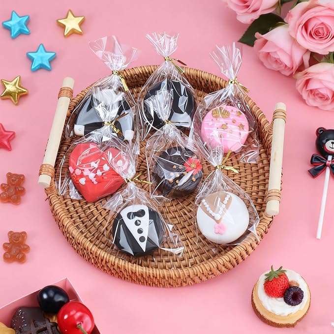 ROSPAKTEK 100 Pcs Cellophane Treat Bags 3x5 Inch with 100 Twist Ties - OPP Plastic Cake Pop Bags for Lollipop, Candy, Chocolate, Cookie Wrapping & Buffet