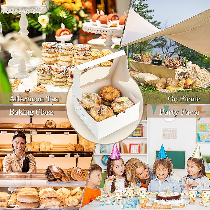 KPOSIYA 65PCS Bakery Boxes with Window 6x6x3 Inches 5 Style Cookie Boxes Small Pastry Boxes for Candy, Dessert, Pastry, Donuts, Birthday Party, Wedding(White)