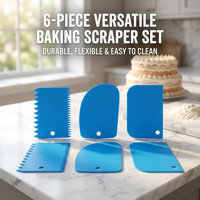 Cake Decorating Scraper Set, 6 Piece Plastic Icing Smoother Tools, Serrated and Flat Edge Dough Scrapers for Baking, Pastry, Bread, Pizza, 2.95-4.81 Inch (blue)