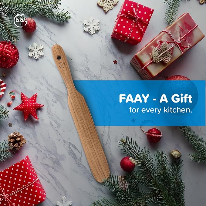 FAAY Teak Wooden Skinny Spurtle Spatula for Sourdough Starter & Jars | Slim angled tip reaches jar bottoms and pan corners; ergonomic teak handle, no lacquer, coconut oil finish, nonstick-safe.