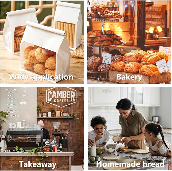 Heavy Duty Large Paper Bread Bags with Tin Tie Tab Lock 50pcs, Loaf Bag with Clear Front Window, Storage Packaging Treat Bag for Bakery Cafe Homemade Bread 10.6” × 4.3” × 8.7” - White