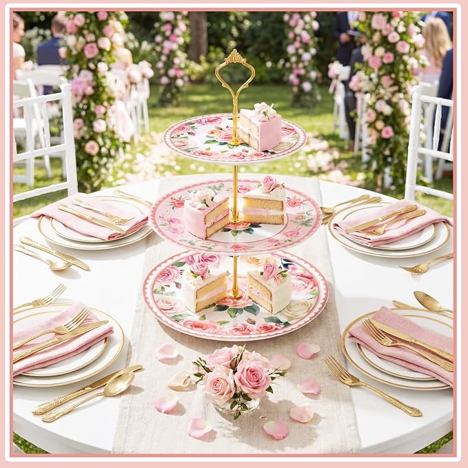Lallisa Pink Floral Party 3 Tier Dessert Stand 10", 9" and 7" Ceramic Serving Tray Dessert Cupcake Display Holder Tower for Wedding Baby Bridal Shower Tea Party Decoration