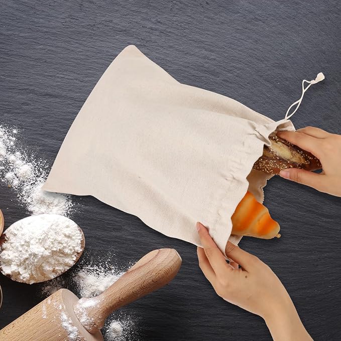 Linen Large Drawstring Storage Bags, 2Pcs Reusable 12 x 16 in Cotton Bread Bags Keeps Bread Fresh for Dinner Party & Bakery