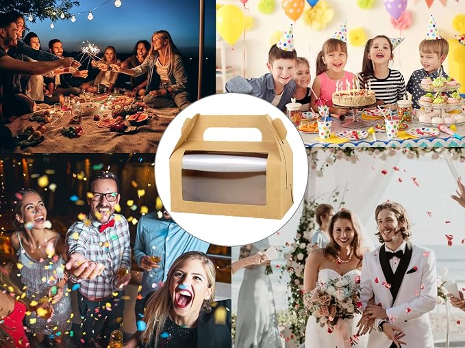 24pcs Kraft Cupcake Boxes 6.8''x3.6''x3.1'' Clear Window Cake Paper Holders Cake Boards Disposable Tiered Cake Containers Handle Boxes Treat Boxes Gift for Party Wedding, Christmas Party | Food-grade cardboard bakery boxes with window. Rustic design fo...