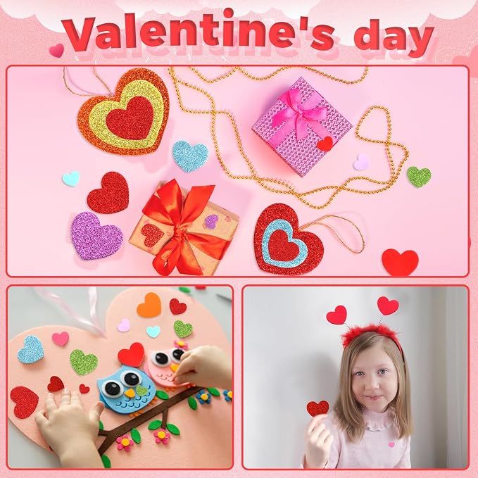 600Pcs Glitter Foam Heart Stickers Valentines Day Love Sticker | 3 Sizes, Self-Adhesive Heart Decal, Party Favors, Handmade Card DIY Crafts, Love-Themed Projects Decorations, Valentines Gift