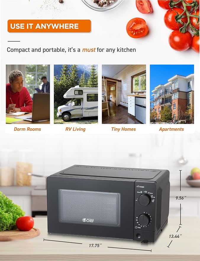 Commercial Chef 0.6 Cu. Ft. Countertop Microwave Oven, Mechanical Dial Controls, 700W, Pull Handle Door, 6 Power Levels, CHM660B, Black
