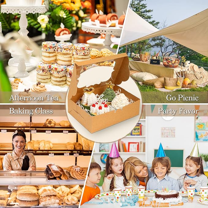 KPOSIYA 65 PCS 8x6x2.5 Inch Cookie Boxes with Window Brown Bakery Boxes Pastry Boxes for Gift Giving, Treat, Dessert, Cupcakes, Chocolate, Strawberries, Donuts, Muffins (5 Style Windows)