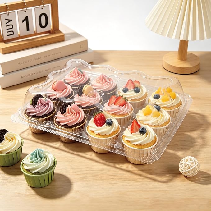 12 Packs × 20 Sets Disposable Plastic Cupcake Containers,Stackable CupCake Holders with lid with 240 Pack Cupcake Liners,Ideal for Baking,Parties,or Storage.