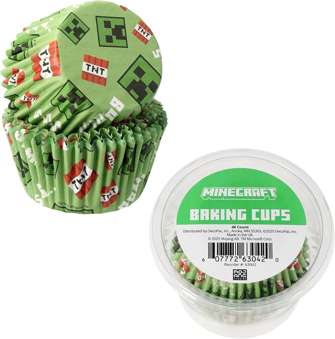48 x Minecraft Baking Cups By DecoPac | Standard Size Cupcake Liners | TNT Block | Greaseproof Paper Cases for Cupcakes, 1.8" x 1.25", Pack of 48