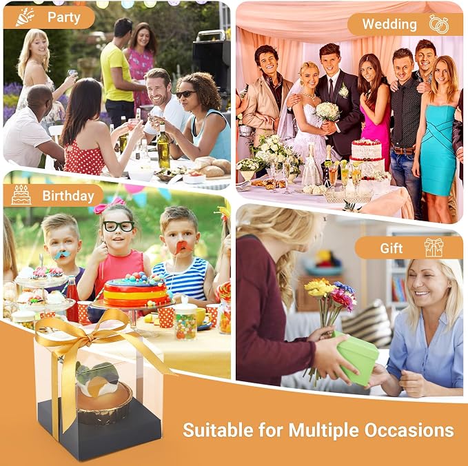 EUSOAR Cupcake Containers, 12 Pcs 3.5 Inch Single Individual Pastry Cupcake Boxes Transparent with Inserts, Clear Dessert Muffin Holder Disposable Cake Carrier for Wedding Party Favor Decor-Black/Gold