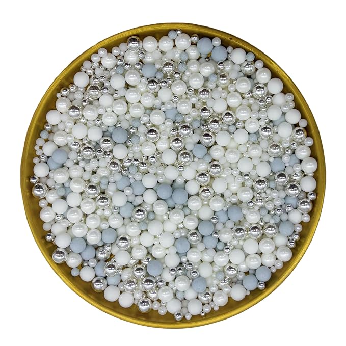 Dynastang Mixed Size Light Grey & Silver & White Pearls Sprinkles Edible Pearls Cake Decorations Cupcake Toppers Decorating Perfect for Cakes, Cupcakes, Desserts 3OZ