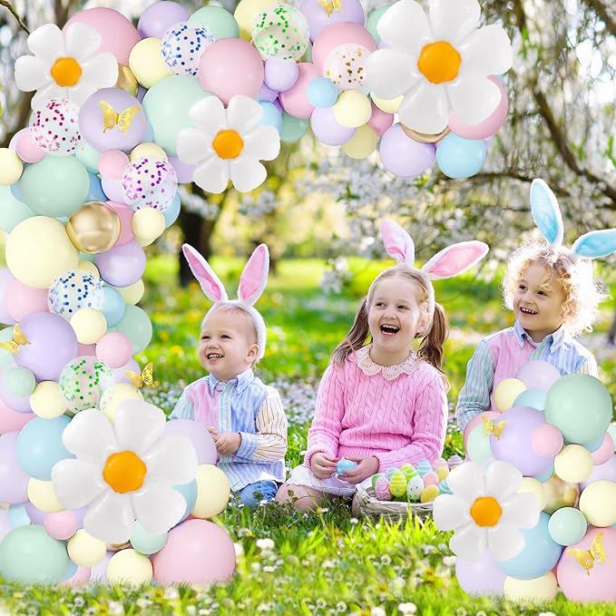 VinTS 150 PCS Daisy Pastel Balloon Garland Kit,White Daisy Flower Macaron Pastel Balloons Garland with Butterfly Stickers for Mothers Day Spring Easter Baby Shower Decoration