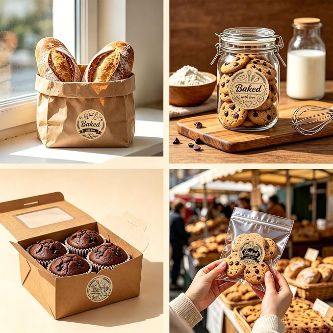 240PCS Baked with Love Stickers, 1.6 Inch Round Self-Adhesive Kraft Baking Labels, Vintage Packaging Stickers for Homemade Bread Cookies Goodie Bags Gift Wrapping,6 Design