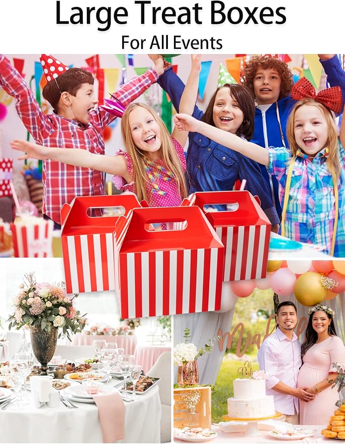 Happyhiram 30 Pcs Large Treat Boxes with Handle Red and White Stripes, 9x6x6 Gable Christmas Gift Boxes Party Favor Boxes Barn Style Carry Out Lunch Box Recyclable Paper Holiday Packaging Boxes