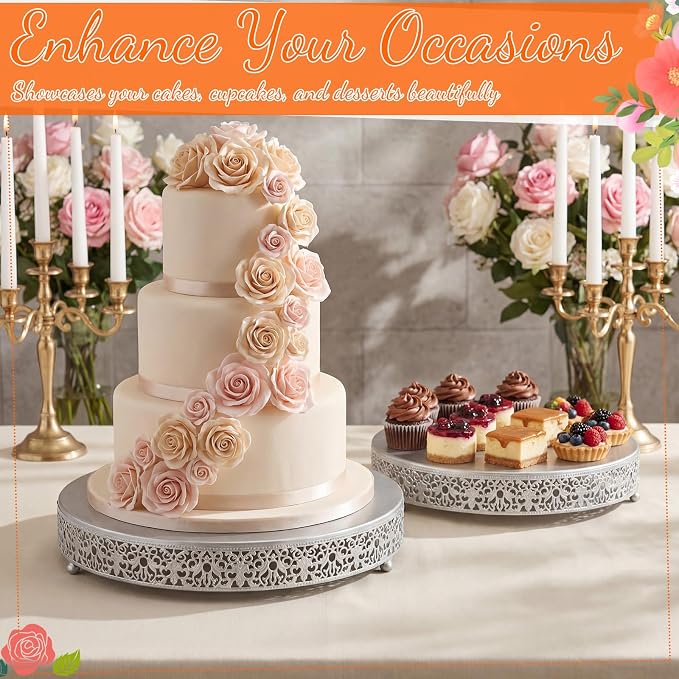 Wenqik 2 Pack Cake Stand Set, 14/16 Inch Metal Round Cupcake Dessert Stand Decorative Elegant Cake Display for Weddings Party Birthday Baby Showers Anniversary(Floral Lace,Silver)