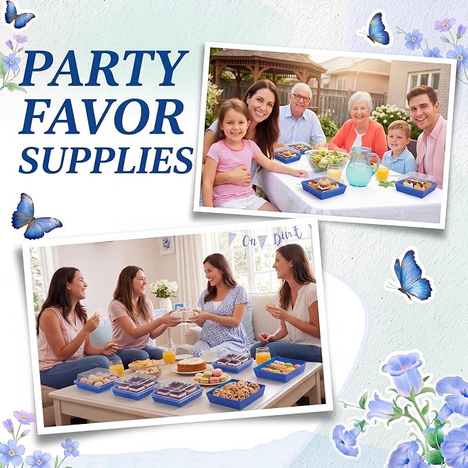 Potchen 50 Pack Bakery Boxes with Clear Lids, Disposable Charcuterie Treat Boxes for Cookies, Donuts, Cupcakes, Candy and Mini Cakes, Party Favor for Wedding and Gift Giving(Dark Blue Pattern)