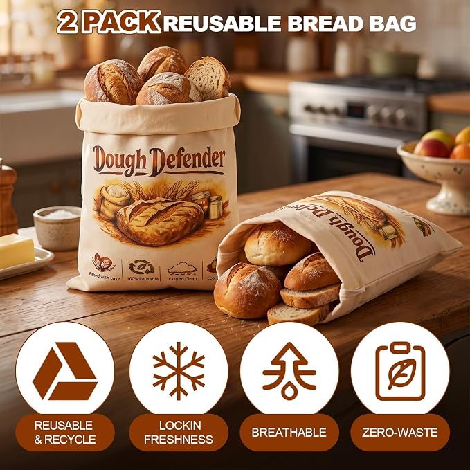 FunMular 2 Pack Reusable Beeswax Bread Bags for Homemade Bread Sourdough - XL Linen Cotton Bees Wax Bread Bags with Wide Sealing Zip to Keep Loaves Fresh Longer
