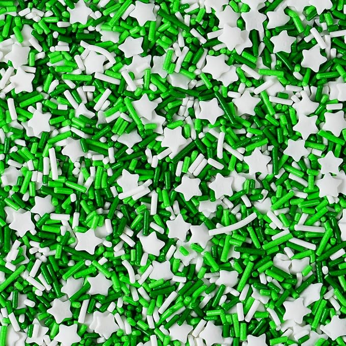 St Patrick's Day White and Green Jimmies Star Sprinkles - 7oz Edible Sprinkle Mix, Irish Themed Jimmy Sprinkles Toppers for Decorating Baking Cupcakes Cake Cookies Ice Creams Candy Irish Shamrock Party