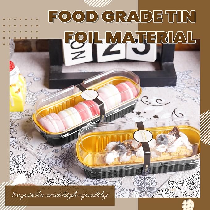 Loaf Pans with Lids, 100 Pack Black Gold 6.8oz for Catering | Fits small cakes, chocolate bites, fruit cups and chilled desserts; paired extras make serving details easier to finish.