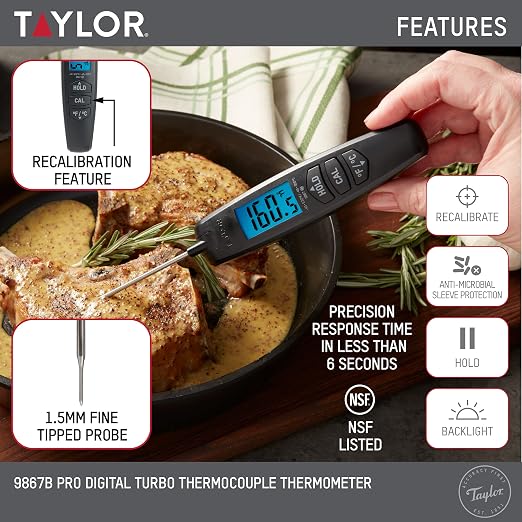 Taylor Digital Turbo Instant Read Thermocouple Meat Food Grill BBQ Cooking Kitchen Thermometer, Folding Probe, Black (Pack of 12)