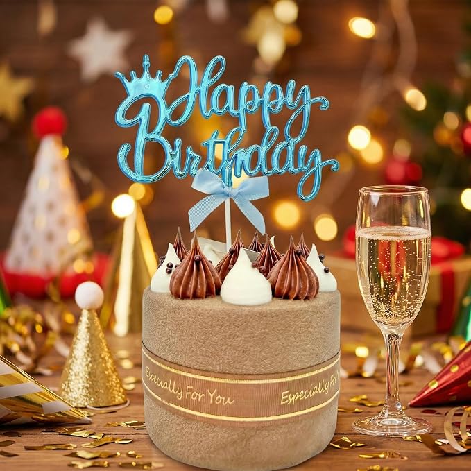 Elegant Acrylic Birthday Cake Topper with Crown & Bow Design - Reusable Decoration for Party, Wedding, Baby Shower (Blue)