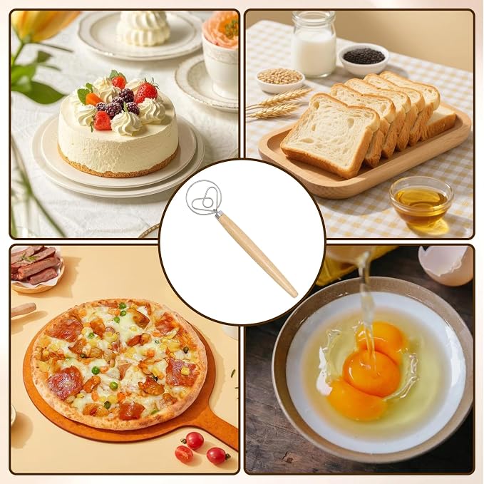 2 Pcs Danish Dough Whisk, Stainless Steel Hook Dutch Hand Whisk for Sourdough Bread Wooden Handle Dough Mixer, Baking Supplies for Cake Pizza Kitchen Tools(Heart-shaped)