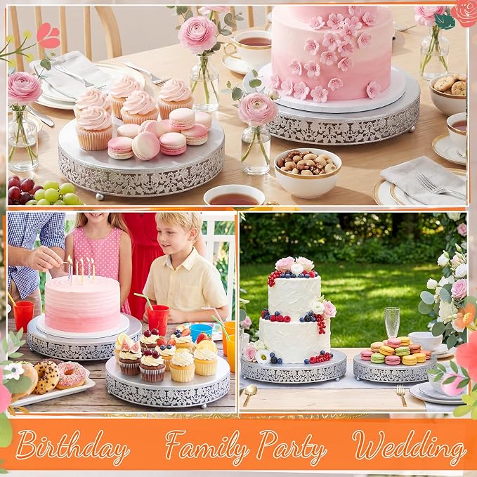 Wenqik 2 Pack Cake Stand Set, 14/16 Inch Metal Round Cupcake Dessert Stand Decorative Elegant Cake Display for Weddings Party Birthday Baby Showers Anniversary(Classic Floral,Silver)