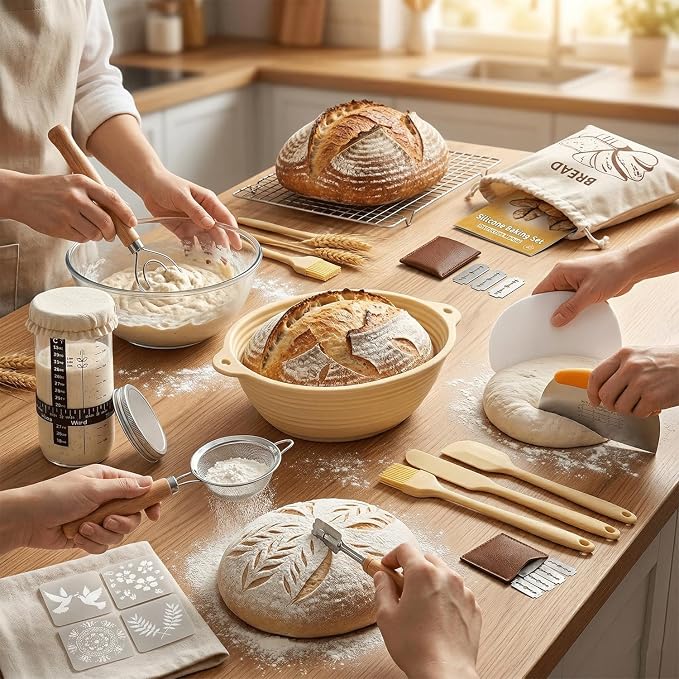 Sourdough Starter Kit, 28Pcs Sourdough Bread Baking Supplies, Sour Dough Bread Kit with 2 Silicone Banneton Bread Proofing Baskets, Sourdough Kit with Glass Starter Jar, Complete Bread Making tools