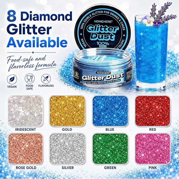 HomeHere Edible Glitter for Drinks & Cakes, 10g Food Grade Disco Diamond Glimmer Dust, Sparkle Powder for Cocktails, Chocolate, Baking Decorations, Vegan& Tasteless (Bule)