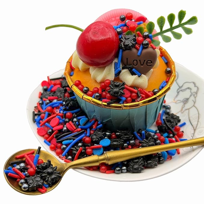 CandiJumpin Edible Spider Sprinkles, Spiderman Sprinkle Edible Pearls and Jimmies Mix Black Blue and Red Sprinkles Crunchy Jimmies Edible Pearls for Cake Decorating Pearl Decoration for Baking Baby Shower Party Birthday Halloween Christmas Supplies 3 OZ