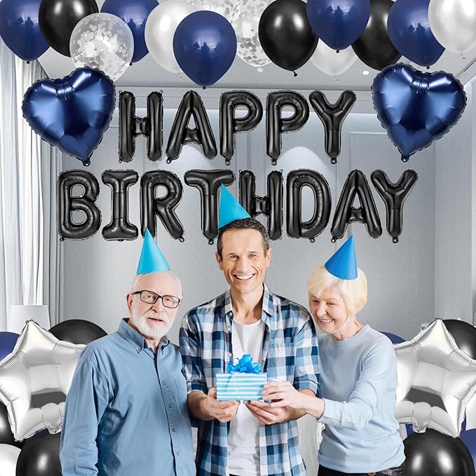 Blue Black Happy Birthday Balloons Decorations Navy Blue Black Birthday Balloon Letters Banner with Star Heart Balloons Artificial Rose Petals 24 Flameless LED Candles for Birthday Party Supplies