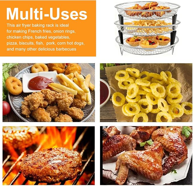 3 Pieces Set Air Fryer Rack Set, 8 Inch Round Food Grade Stainless Steel Stackable Dehydrator Rack Mesh Tray for Air Fryer Oven Fits Inner Size ≥8.6 Inch