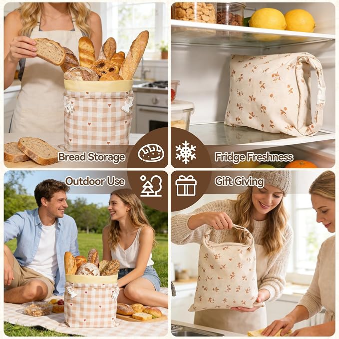 Beeswax Bread Bags for Sourdough, 2 pcs Reusable XL Zipper Beeswax Bread Bags for Homemade Bread Sourdough, Cotton Linen Food Storage Bag for Picnics, Pantry, Long-Lasting Freshness (Rose+Checkered)