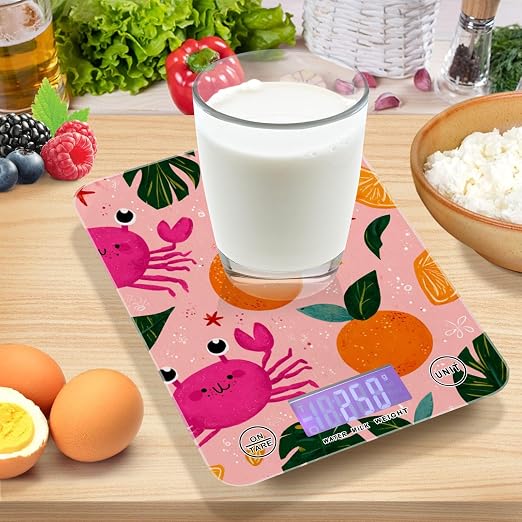 Food Scale Kitchen Digital Scale Food Ounces and Grams Dieting Baking Cooking Waterproof Glass Panels LCD Display,4 Units Scale Tare Function Pink Fruit Orange Crabs